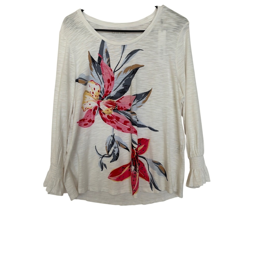 Chico's Placed Lily Smocked Tee Cotton Slub Floral Graphic Top White Pink L (2) - Picture 2 of 8